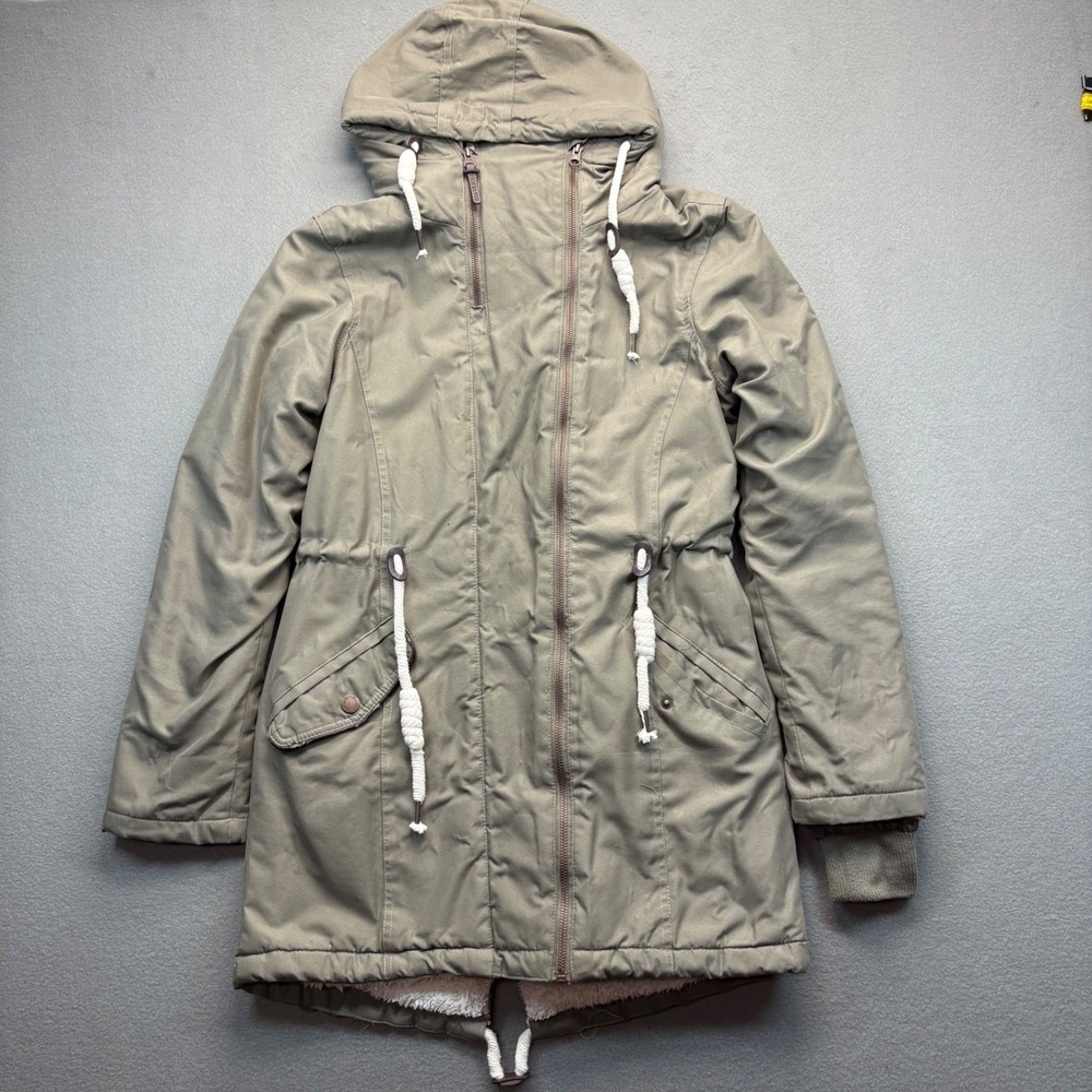 Brave Soul Hooded Sherpa Lined Parka Jacket Khaki Green Drawstring Size S